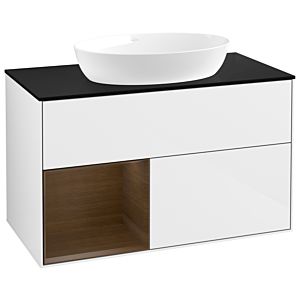 Villeroy et Boch Finion GA12GNGF 100cm, plaque de recouvrement noir mat, Emotion, étagères Walnut Veneer , laqué blanc brillant