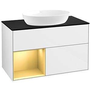 Villeroy et Boch Finion Villeroy et Boch GA12HFGF 100cm, plaque de recouvrement noir mat, Emotion, étagères laqué or mat, laqué blanc brillant