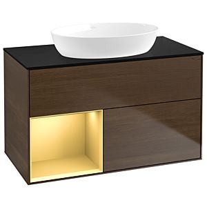 Villeroy und Boch Finion Waschtischunterschrank GA12HFGN 100cm, Abdeckplatte black matt, Emotion, Regale Gold matt lacquer, Walnut veneer