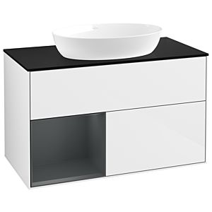 Villeroy und Boch Finion Waschtischunterschrank GA12HGGF 100cm, Abdeckplatte black matt, Emotion, Regale Midnight matt lacquer, Glossy white lacquer