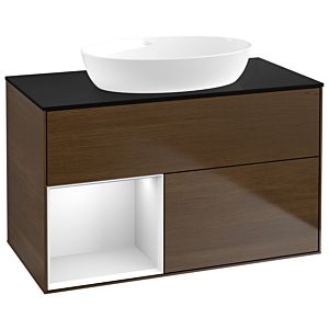 Villeroy und Boch Finion Waschtischunterschrank GA12MTGN 100cm, Abdeckplatte black matt, Emotion, Regale White matt lacquer, Walnut veneer