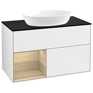 Villeroy und Boch Finion Waschtischunterschrank GA12PCGF 100cm, Abdeckplatte black matt, Emotion, Regale Oak Veneer, Glossy white lacquer