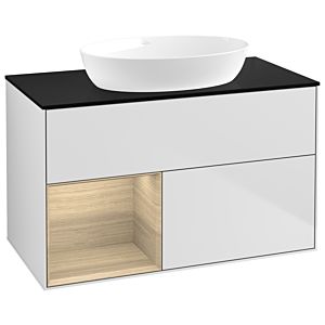 Villeroy et Boch Finion GA12PCMT 100cm, plaque de recouvrement noire mate, Emotion, étagères Oak Veneer , laqué blanc mat