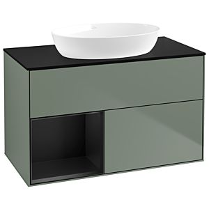 Villeroy et Boch Finion GA12PDGM 100cm, plaque de recouvrement noire mate, Emotion, étagères Olive Matt Lacquer noir mat, Olive Matt Lacquer
