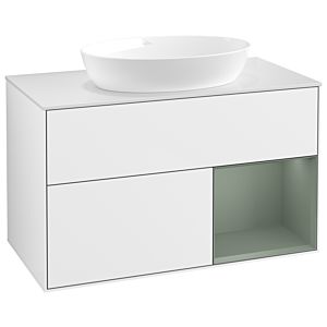 Villeroy und Boch Finion Waschtischunterschrank GA21GMGF 100cm, Abdeckplatte white matt, Emotion, Regale Olive matt lacquer, Glossy white lacquer