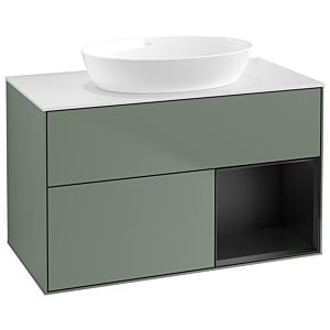 Villeroy et Boch Finion GA21PDGM 100cm, plaque de recouvrement blanc mat, Emotion, étagères laqué noir mat, Olive Matt Lacquer