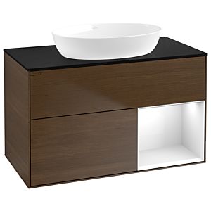 Villeroy und Boch Finion Waschtischunterschrank GA22GFGN 100cm, Abdeckplatte black matt, Emotion, Regale Glossy white lacquer, Walnut veneer