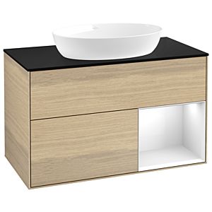 Villeroy und Boch Finion Waschtischunterschrank GA22GFPC 100cm, Abdeckplatte black matt, Emotion, Regale Glossy white lacquer, Oak Veneer