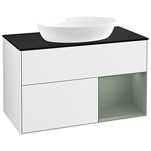 Villeroy et Boch Finion Villeroy et Boch GA22GMGF 100cm, plaque de recouvrement noir mat, Emotion, étagères laqué olive mat, laqué blanc brillant