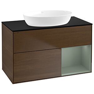 Villeroy et Boch Finion Villeroy et Boch GA22GMGN 100cm, plaque de recouvrement noir mat, Emotion, étagères laqué olive mat, placage noyer