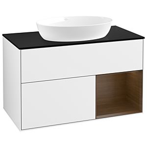 Villeroy und Boch Finion Waschtischunterschrank GA22GNGF 100cm, Abdeckplatte black matt, Emotion, Regale Walnut Veneer, Glossy white lacquer