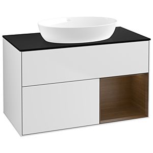 Villeroy und Boch Finion Waschtischunterschrank GA22GNMT 100cm, Abdeckplatte black matt, Emotion, Regale Walnut Veneer, White matt lacquer