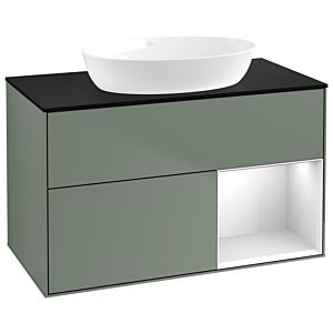 Villeroy et Boch Finion GA22MTGM 100cm, plaque de recouvrement noire mate, Emotion, étagères Olive Matt Lacquer blanc mat, Olive Matt Lacquer