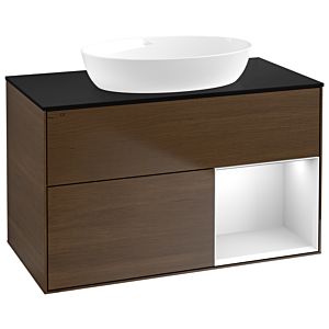 Villeroy und Boch Finion Waschtischunterschrank GA22MTGN 100cm, Abdeckplatte black matt, Emotion, Regale White matt lacquer, Walnut veneer