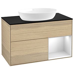 Villeroy und Boch Finion Waschtischunterschrank GA22MTPC 100cm, Abdeckplatte black matt, Emotion, Regale White matt lacquer, Oak Veneer