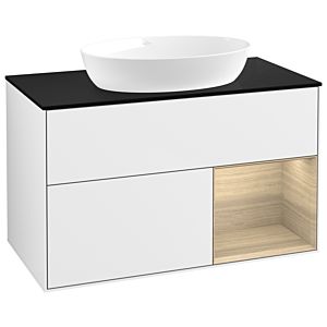 Villeroy und Boch Finion Waschtischunterschrank GA22PCGF 100cm, Abdeckplatte black matt, Emotion, Regale Oak Veneer, Glossy white lacquer