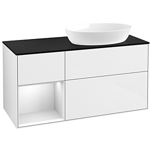 Villeroy et Boch Finion Villeroy et Boch GA42MTGF 120cm, plaque de recouvrement noire mate, Emotion, étagères en laque blanche mate, laque blanche brillante