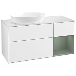 Villeroy und Boch Finion Waschtischunterschrank GA51GMGF 120cm, Abdeckplatte white matt, Emotion, Regale Olive matt lacquer, Glossy white lacquer