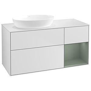 Villeroy und Boch Finion Waschtischunterschrank GA51GMMT 120cm, Abdeckplatte white matt, Emotion, Regale Olive matt lacquer, White matt lacquer