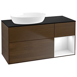 Villeroy und Boch Finion Waschtischunterschrank GA52GFGN 120cm, Abdeckplatte black matt, Emotion, Regale Glossy white lacquer, Walnut veneer