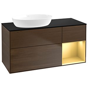 Villeroy und Boch Finion Waschtischunterschrank GA52HFGN 120cm, Abdeckplatte black matt, Emotion, Regale Gold matt lacquer, Walnut veneer