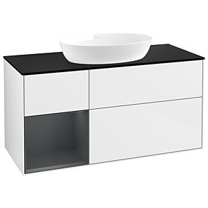 Villeroy et Boch Finion Villeroy et Boch GA62HGGF 120cm, plaque de recouvrement noire mate, Emotion, étagères laqué mat Midnight, laqué blanc brillant
