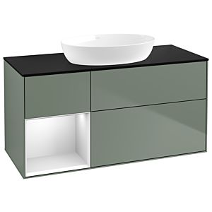 Villeroy et Boch Finion GA62MTGM 120cm, plaque de recouvrement noire mate, Emotion, étagères Olive Matt Lacquer blanc mat, Olive Matt Lacquer