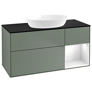 Villeroy et Boch Finion GA72GFGM 120cm, plaque de recouvrement noir mat, Emotion, étagères Laque blanche brillante, Olive Matt Lacquer