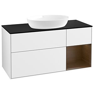 Villeroy und Boch Finion Waschtischunterschrank GA72GNGF 120cm, Abdeckplatte black matt, Emotion, Regale Walnut Veneer, Glossy white lacquer