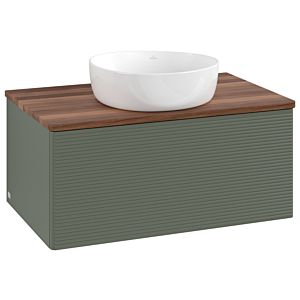 Meuble vasque Villeroy &amp; Boch Antao K30112HL 80 x 36 x 50 cm, plan vasque couleur noyer chaud, laque mate vert feuille