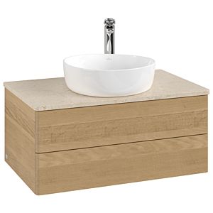 Villeroy und Boch Antao Waschtisch-Unterschrank L19053HN mit Beleuchtung, 80x36x50cm, Hahnloch, Waschbeckenplattenfarbe botticino, honey oak