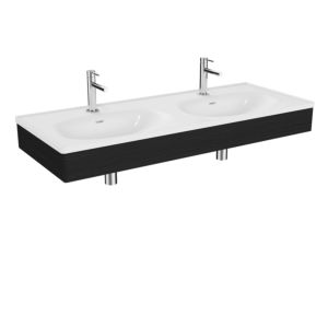 VitrA Equal Doppelmöbelwaschtisch-Set 64094 130x52cm, mit Möbelwaschtisch asymmetrisch, weiß, mit Holzblende schwarz-eiche