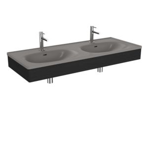 VitrA Equal double vanity unit set 66062 130x52cm, with asymmetrical vanity unit, stone grey matt, with black-oak wood panel