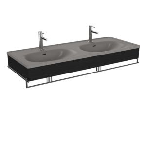VitrA Equal double vanity unit set 66064 132.5x52cm, asymmetrical vanity unit, stone grey matt, with black-oak wood panel