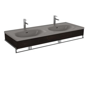 VitrA Equal double vanity unit set 66065 132.5x52cm, asymmetrical vanity unit, stone grey matt, with elm wood panel