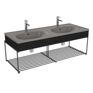 VitrA Equal double vanity unit set 66066 132.5x52cm, asymmetrical vanity unit, stone grey matt, with black-oak wood panel