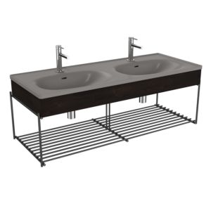 Ensemble meuble-lavabo double VitrA Equal 66067 132,5 x 52 cm, meuble-lavabo asymétrique, gris pierre mat, avec panneau en bois d&#39;orme
