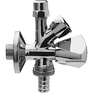 Universal double spindle combination angle valve 421851 chrome-plated brass, 1/2&quot;x10mmx3/4&quot;, with backflow preventer and rosette