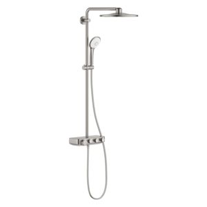 Grohe shower system 26507DC0 supersteel, with surface-mounted thermostat, shower arm 45cm swiveling