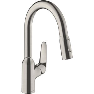 hansgrohe Focus M42 kitchen faucet 180 2jet 71821800 with pull-out spray, swivel range 360°, stainless steel look