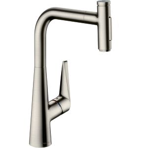 hansgrohe Metris Select kitchen mixer 73867800 with pull-out spray, 2jet, sBox, stainless steel look