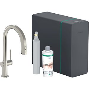 hansgrohe Aqittura M91 kitchen tap 76839800 SodaSystem 210, pull-out spout, starter set, stainless steel finish