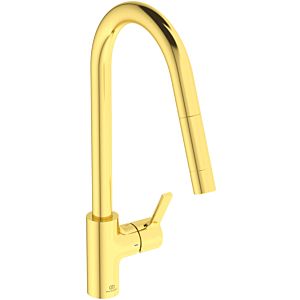 Ideal Standard Gusto kitchen tap BD414A2 brushed gold, with high pipe spout and pull-out hand shower