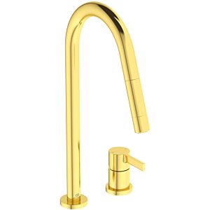 Ideal Standard Gusto kitchen 2-hole tap BD424A2 brushed gold, with high pipe spout and pull-out 2-function hand shower