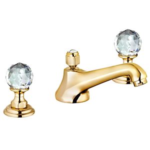 Kludi 1926 three-hole basin mixer 5104645G4 crystal handles, with waste set, gold-plated 23 ct