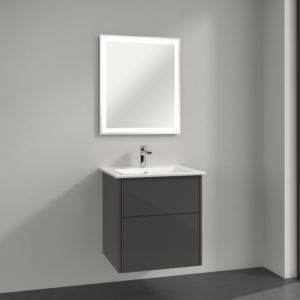 Villeroy & Boch Finero Badmöbel Set 60 cm, Glossy Grey Waschtisch mit Waschtischunterschrank und Spiegel