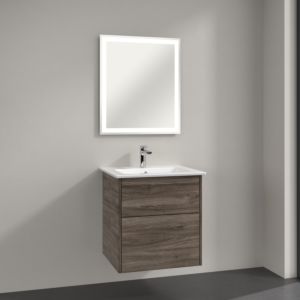 Villeroy & Boch Finero Badmöbel Set 60 cm Stone Oak Waschtisch mit Waschtischunterschrank und Spiegel