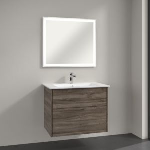 Villeroy & Boch Finero Badmöbel Set 80 cm Stone Oak Waschtisch mit Waschtischunterschrank und Spiegel