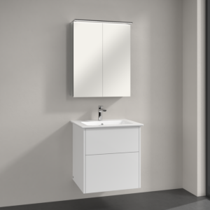 Villeroy & Boch Finero Badmöbel Set 60 cm, Glossy White Waschtisch mit Waschtischunterschrank und Spiegelschrank