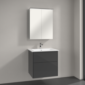 Villeroy & Boch Finero Badmöbel Set 65 cm, Glossy Grey Waschtisch mit Waschtischunterschrank und Spiegelschrank